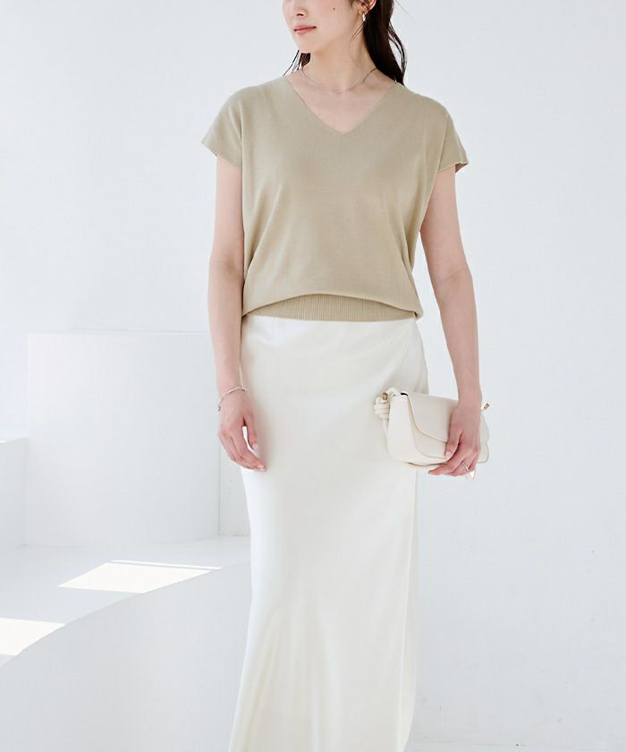 ホワイト Vネック フレンチニットカーデ メリノウールVネックニットカーディガン 01 オフホワイト【Fleur de