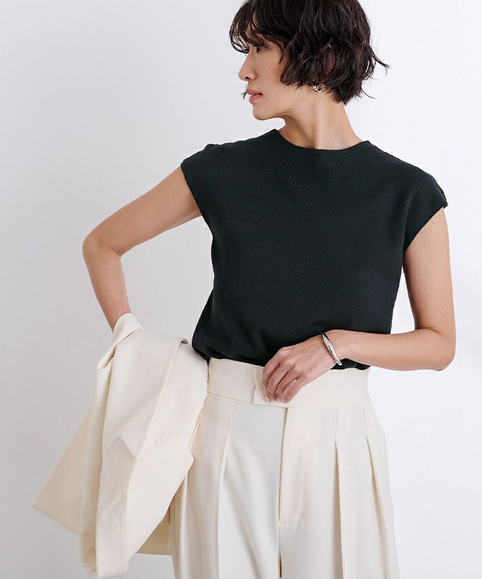 pium カットアウトチュールスリーブニット ブラック カットアウトチュールスリーブニット – pium