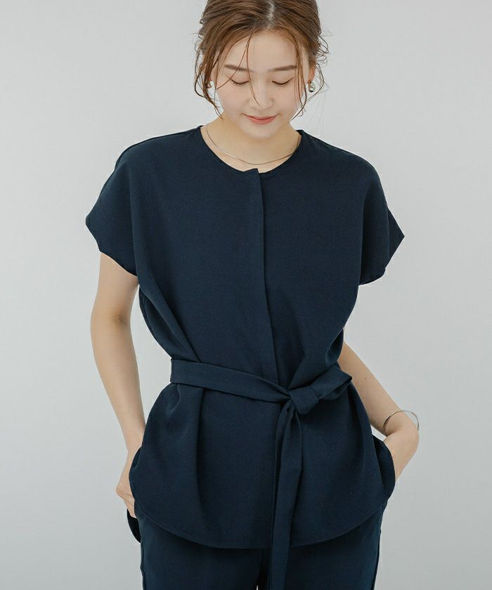 フレンチスリーブショルダータックノーカラーブラウス | ur 