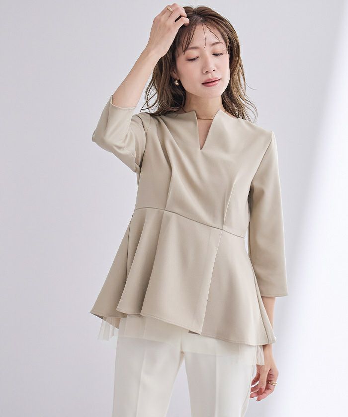 セール】キーネックチュールティアードトップス（Tシャツ