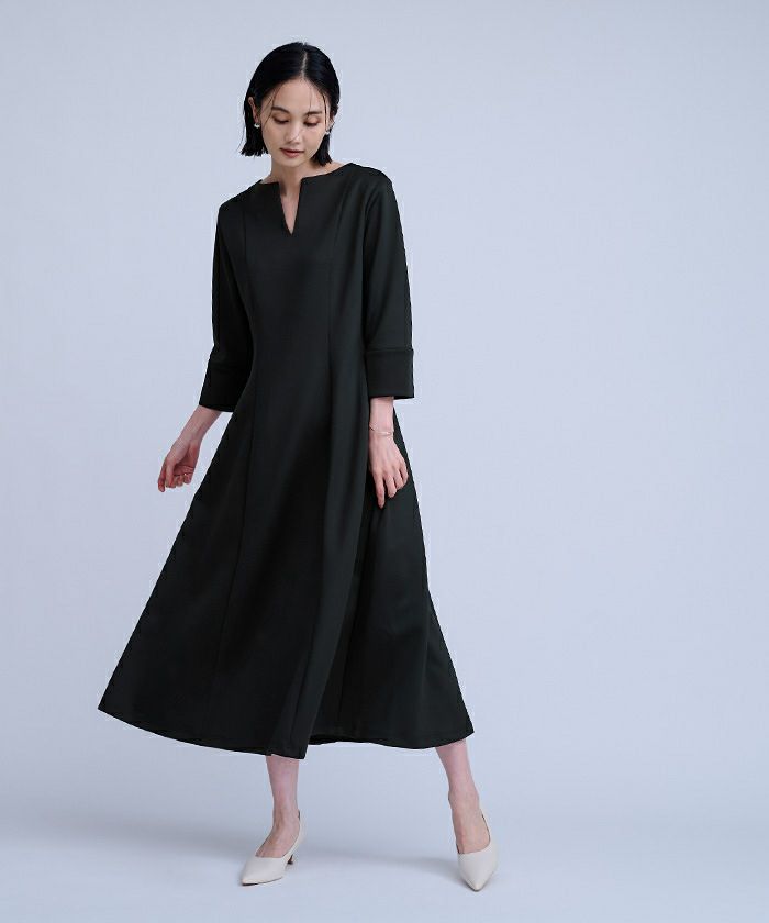 美品★THE ROW★キーネック★ 異素材★ストレート★ワンピース セール】 【きれいめ/日本製】キーネックナローワンピース