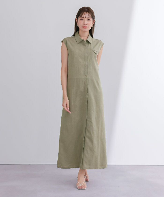 美品♪ アーバンリサーチ リネン100%ロングシャツワンピース くすみミント セール】リネンレーヨンバイカラーワンピース(506126332