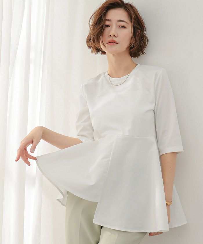 ハーフスリーブアシンメトリーフレアトップス【メール便可／100